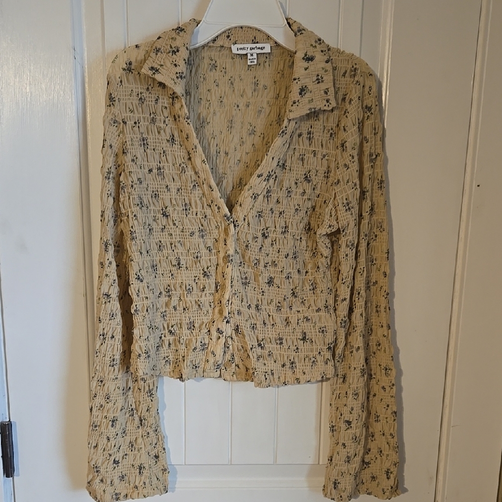 Cream Smocked Button Down Shirt with Notched Collar